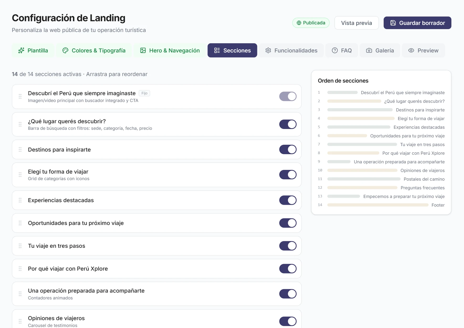 Configuración de la web de reservas en el panel de Puriq: plantilla, colores, secciones y datos de contacto