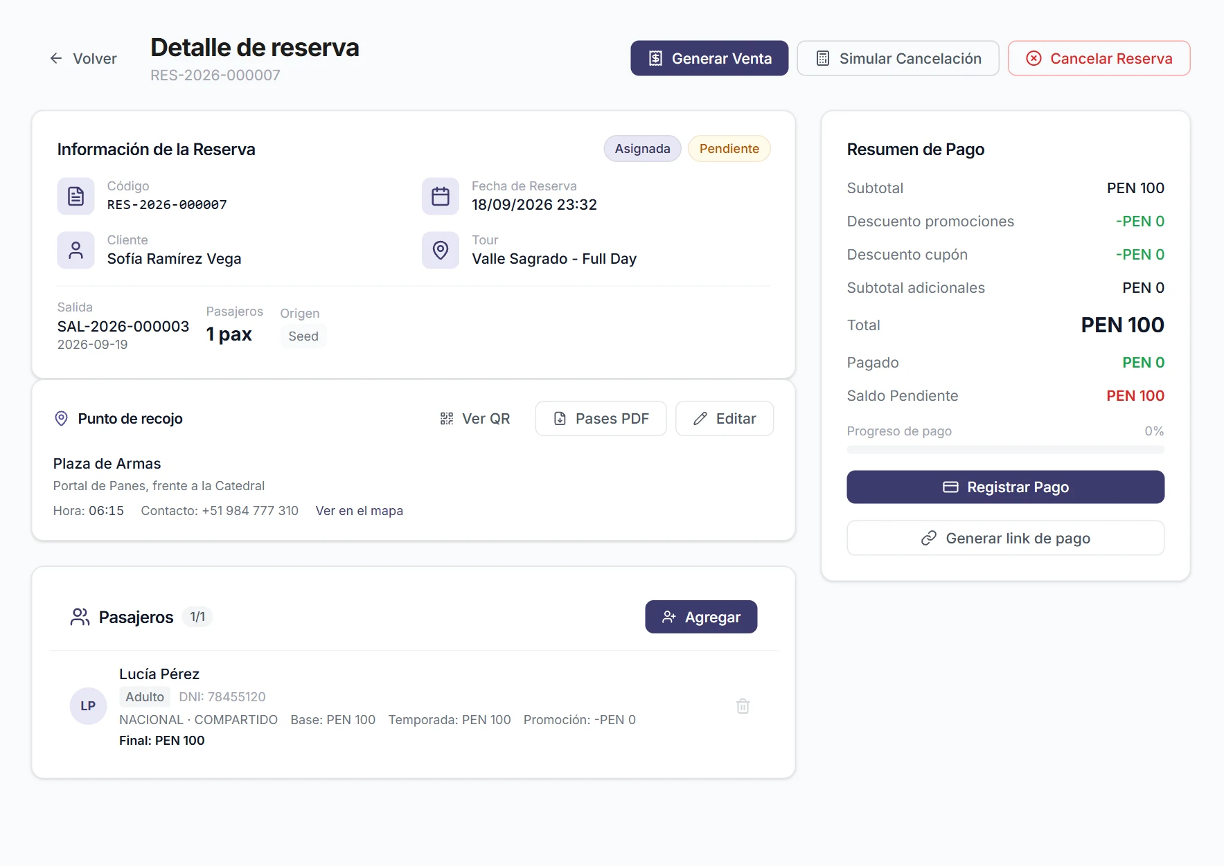 Detalle de una reserva: pasajeros, pagos, punto de recojo y pases de embarque con QR