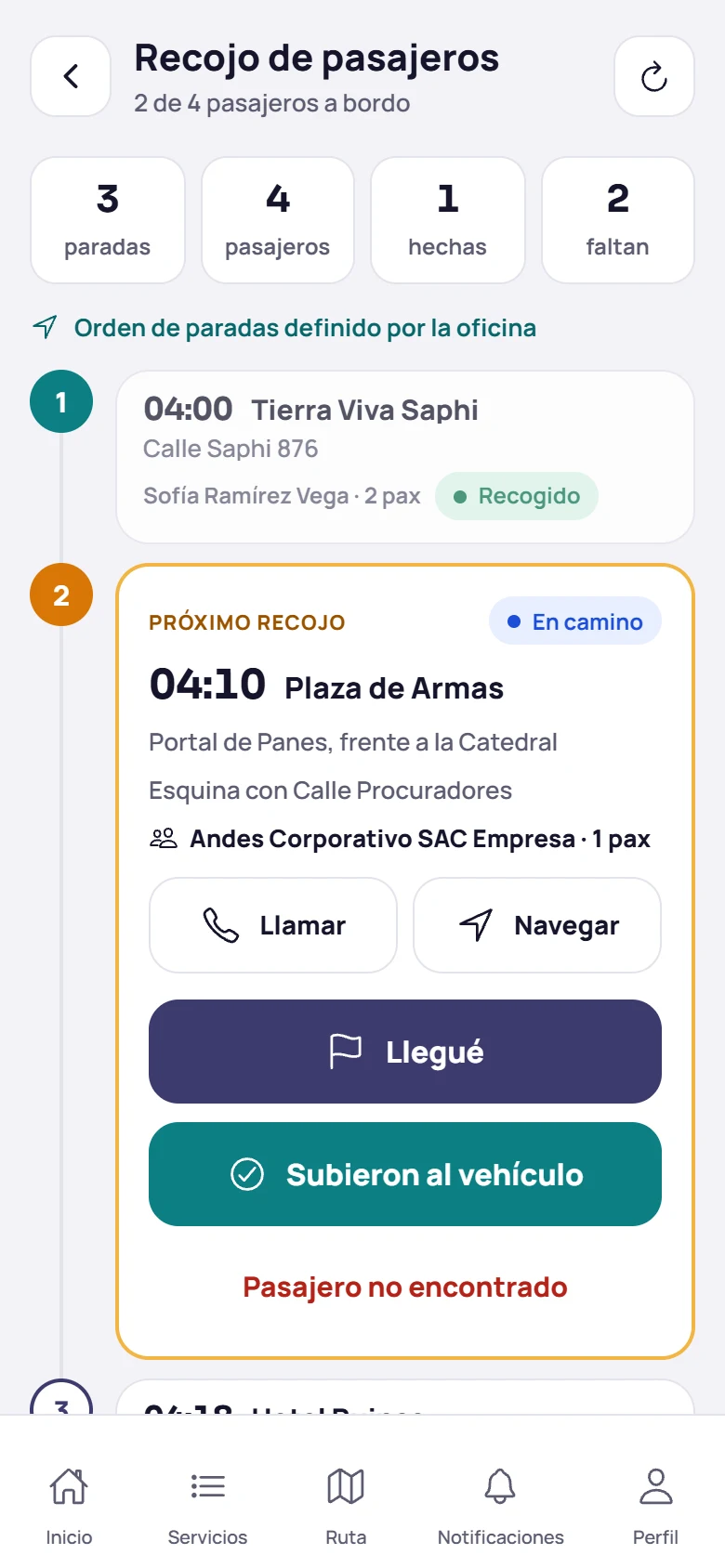 App del chofer: ruta de recojos con paradas, pasajeros a bordo y la parada en curso