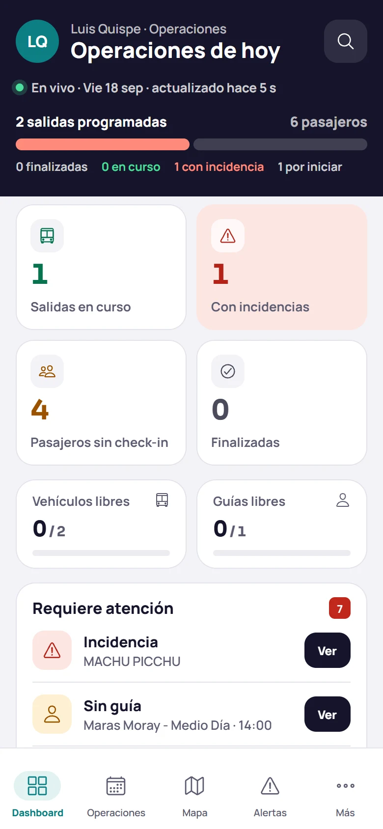 App de operaciones: panel del día con salidas en curso, incidencias y recursos libres