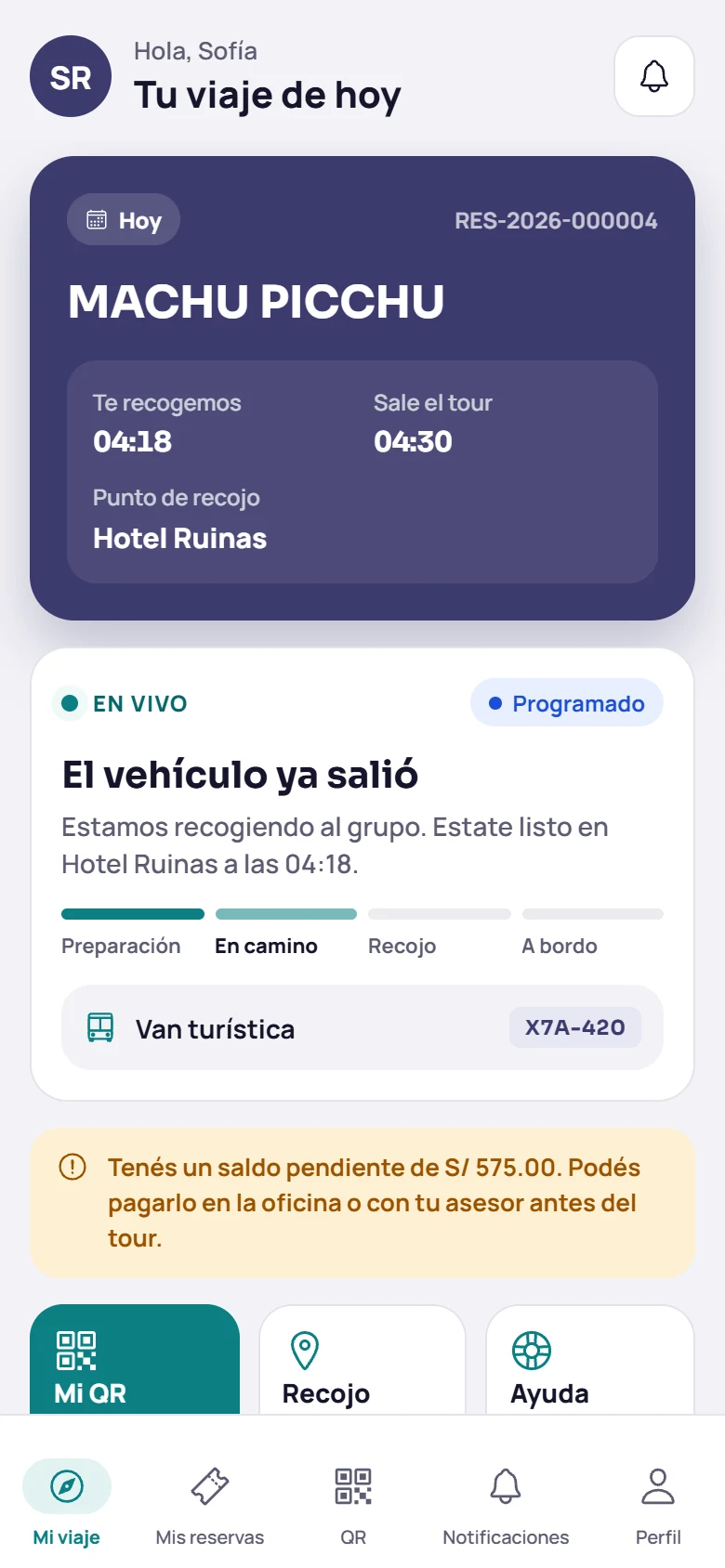 App del pasajero: su viaje de hoy con la hora de recojo y el seguimiento en vivo