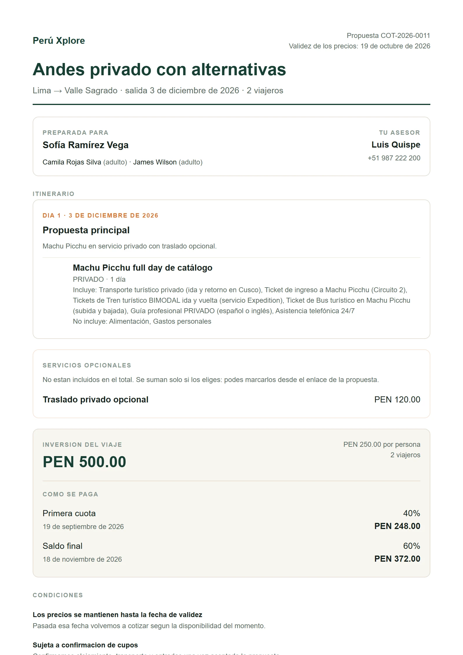 Propuesta de viaje en PDF: itinerario, servicios opcionales, inversión y plan de pagos