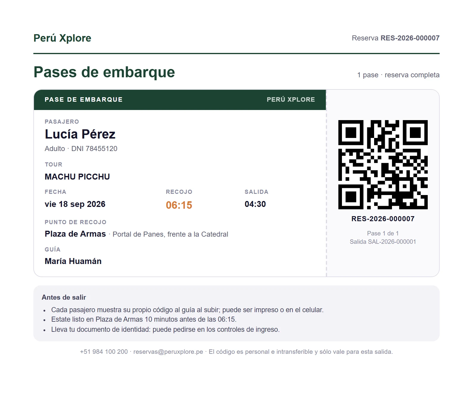 Pase de embarque en PDF con el QR del pasajero, hora de recojo y guía asignado