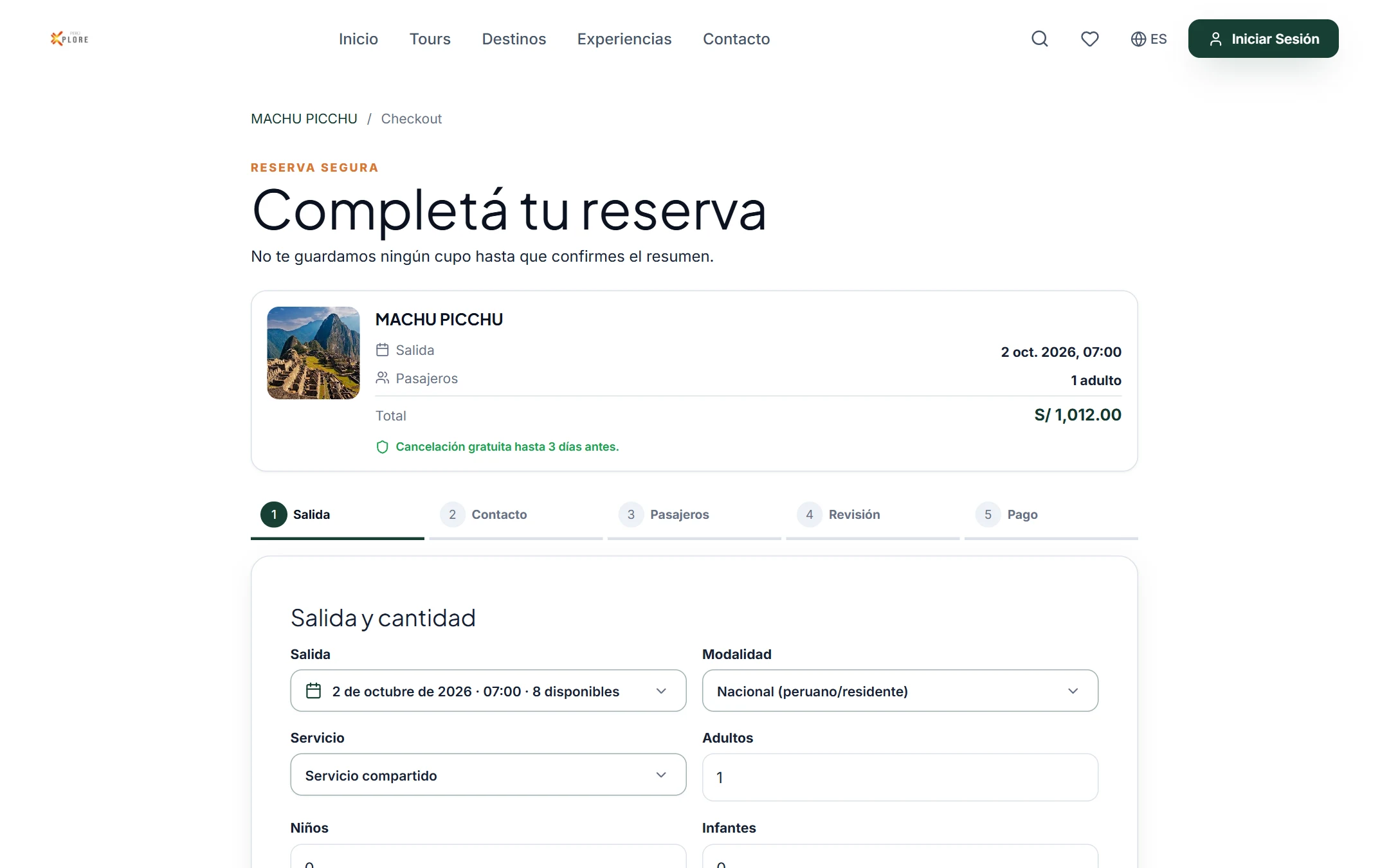 Checkout de la web de la agencia: fecha, pasajeros y pago en línea con cupos bloqueados mientras se paga