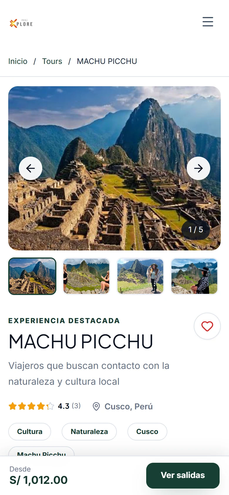 Ficha de un tour en la web de reservas de la agencia, vista desde el celular